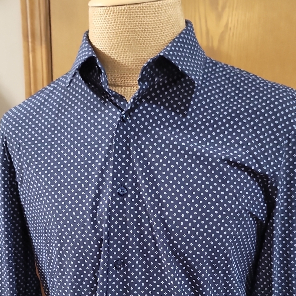 Boss Performance Slim Fit Dark Blue and White Dotted Men's Shirt
